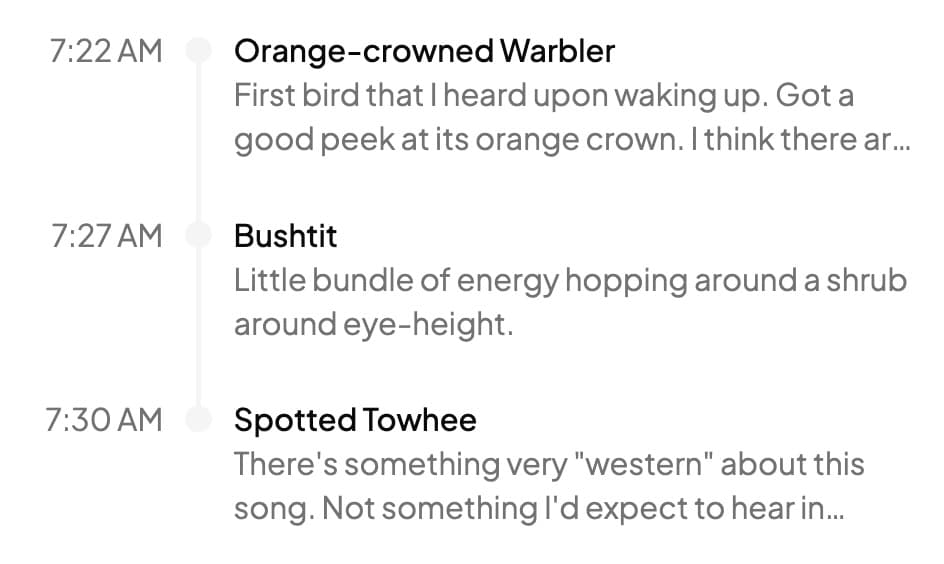 Session timeline view showing sightings in order.